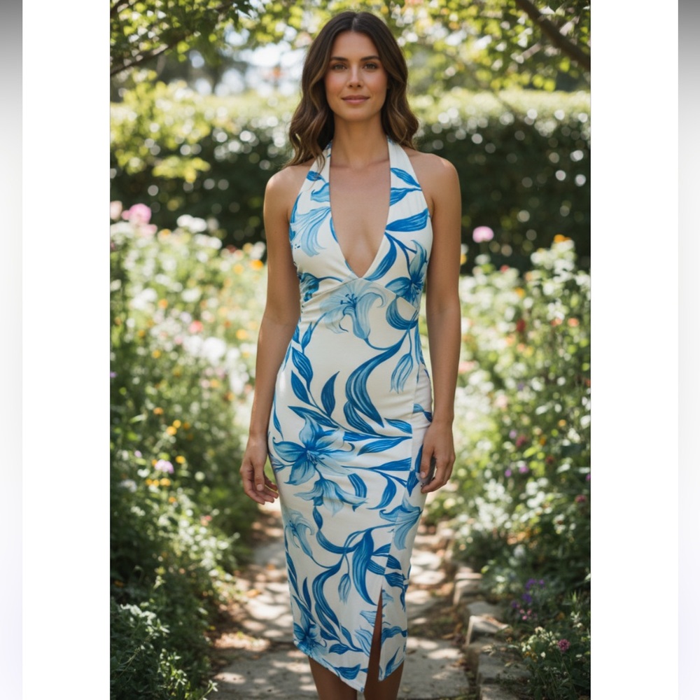 NWT Blue Floral Halter Dress